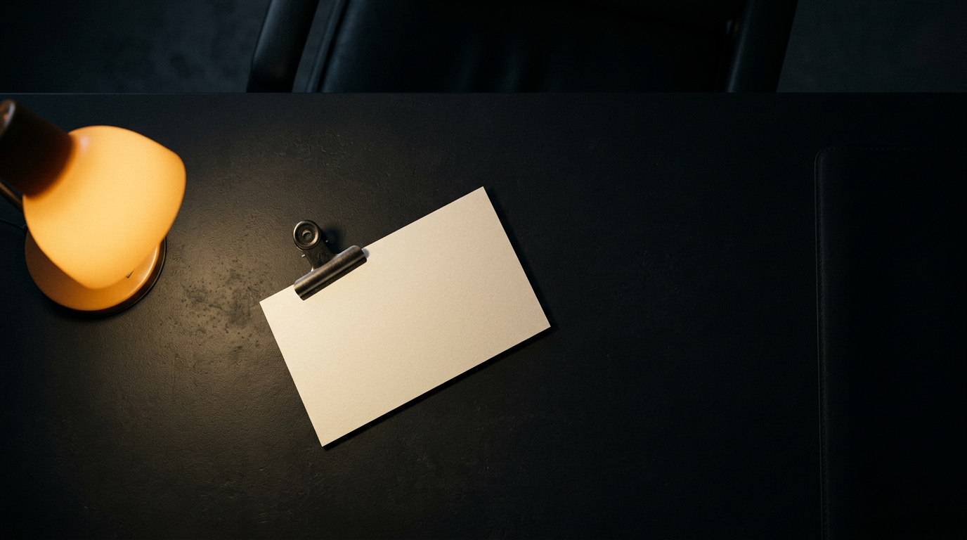 An inspection card clipped and waiting under a desk lamp on a dark sales desk